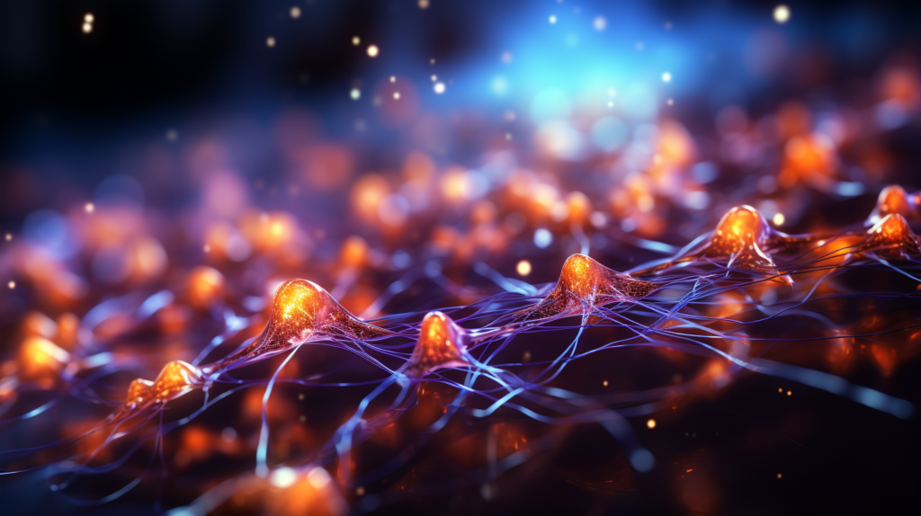 Neurons in the brain forming complex networks with ketamine molecules.